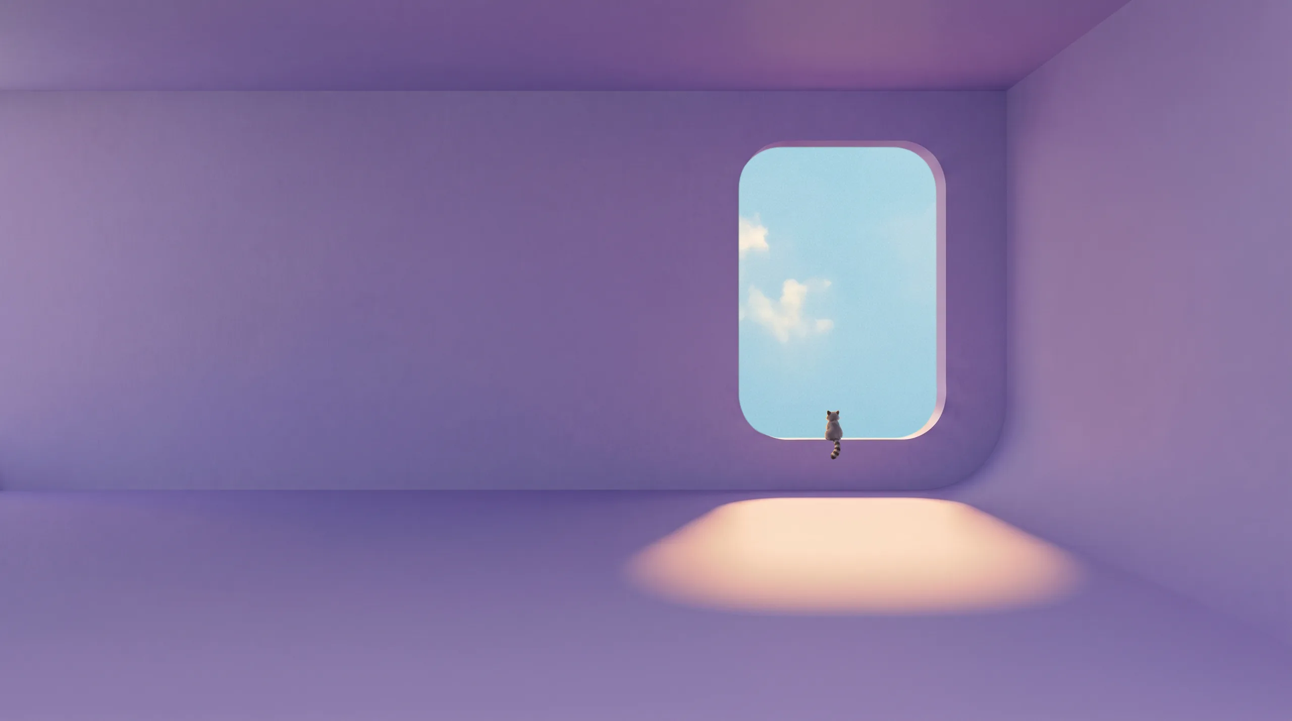 A quiet lavender room with a window onto a drifting sky. A tiny raccoon sits on the window ledge, looking out.